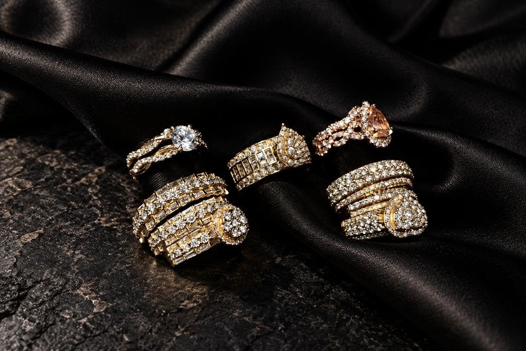 Tríos de compromiso. Tres anillos a juego, en diamante.
