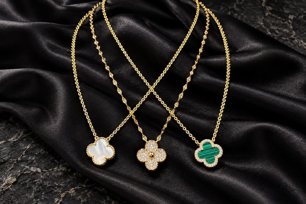 Collares de trébol. Nácar y malaquita, tres largos.