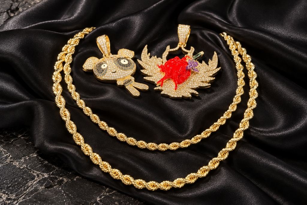 Cadenas de cordón con colgantes. Dos cordones, osito y corazón alado.