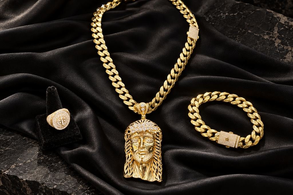 Juego de Jesús en oro. Cadena cubana con Jesús, pulsera y anillo.