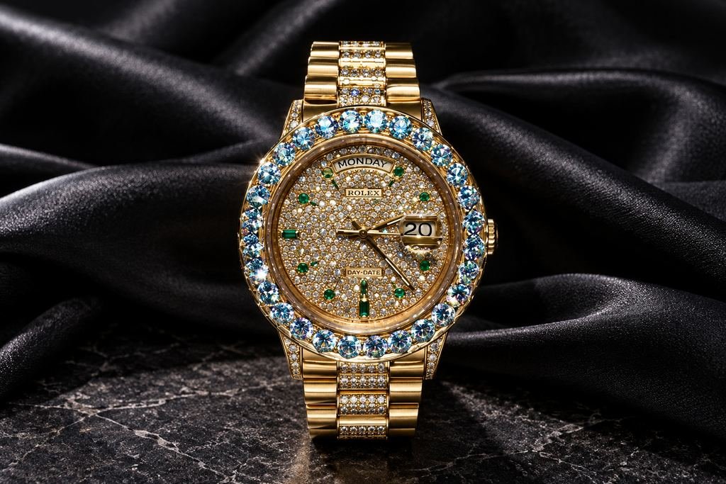 Reloj en oro con piedras verdes. Esfera engastada, bisel de piedras.