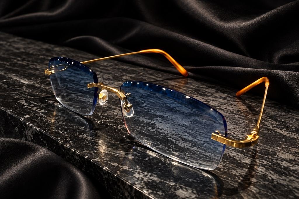 Lentes de cristal azul. Montura dorada, cristal facetado.
