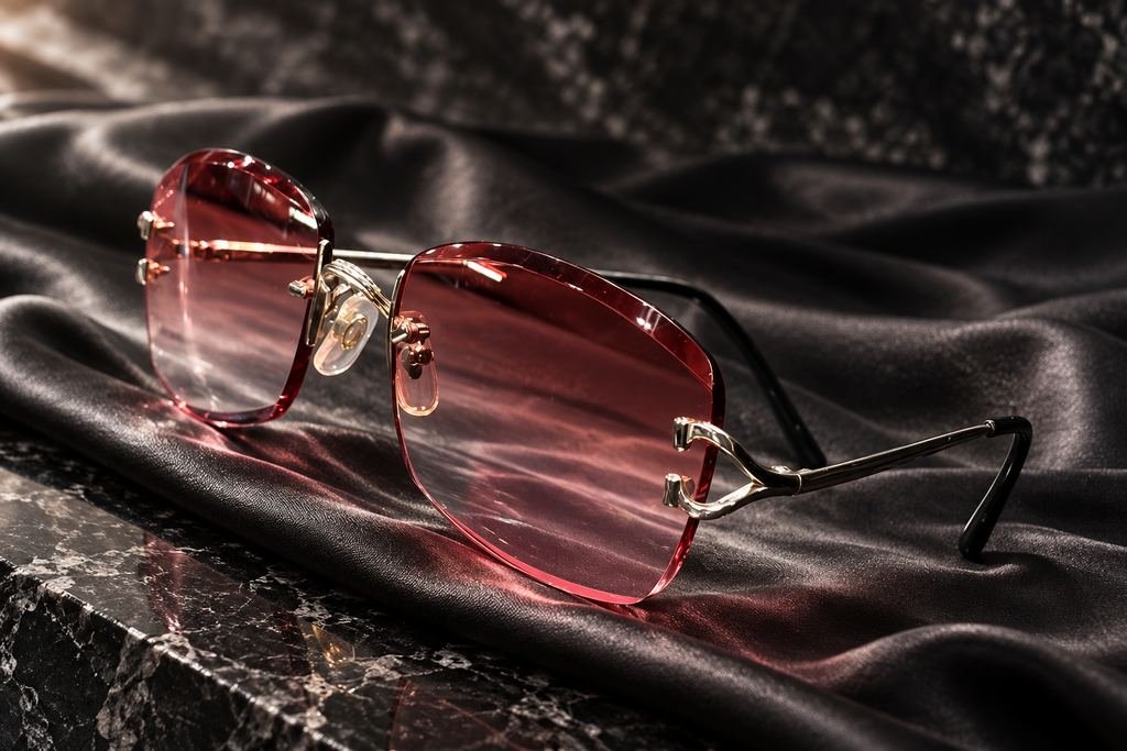 Lentes de cristal rosa. Montura dorada, cristal facetado.