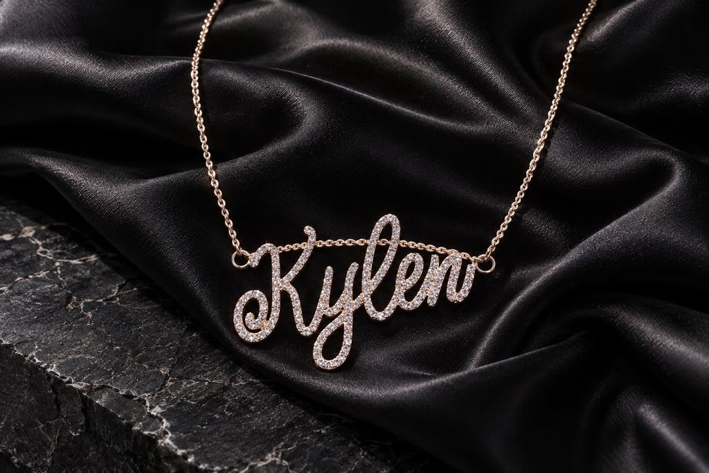 Colgante con nombre. Letras engastadas, cadena fina.
