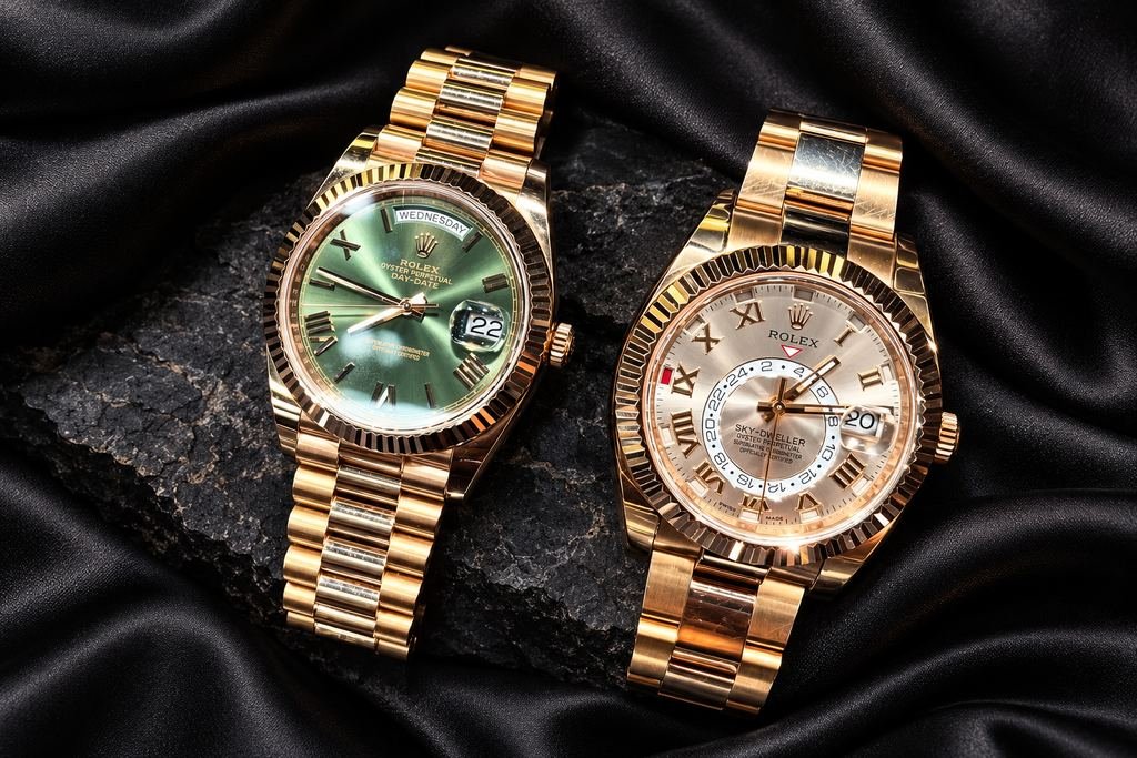 Dos relojes en oro rosa. Esferas verde y gris, brazalete a juego.