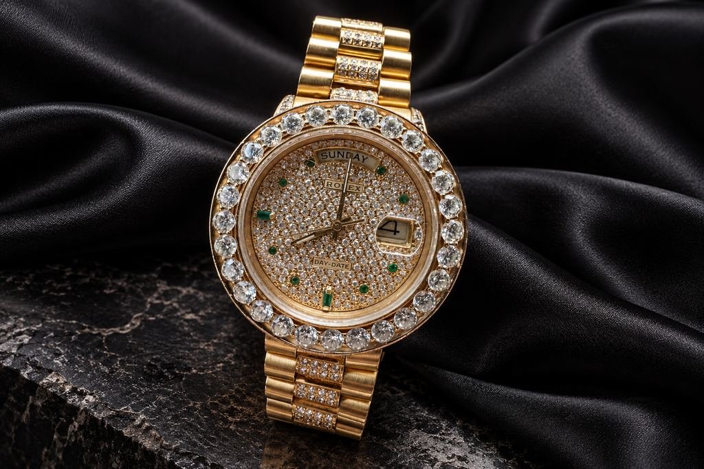 Reloj en oro con bisel engastado. Esfera y bisel engastados, brazalete en oro.