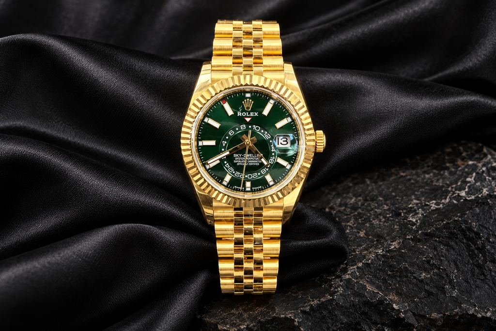 Reloj en oro, esfera verde. Bisel estriado, brazalete en oro.