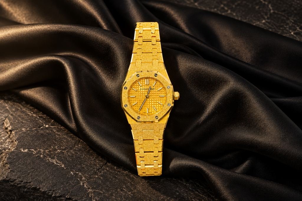 Reloj en oro, esfera dorada. Caja octogonal, brazalete integrado.