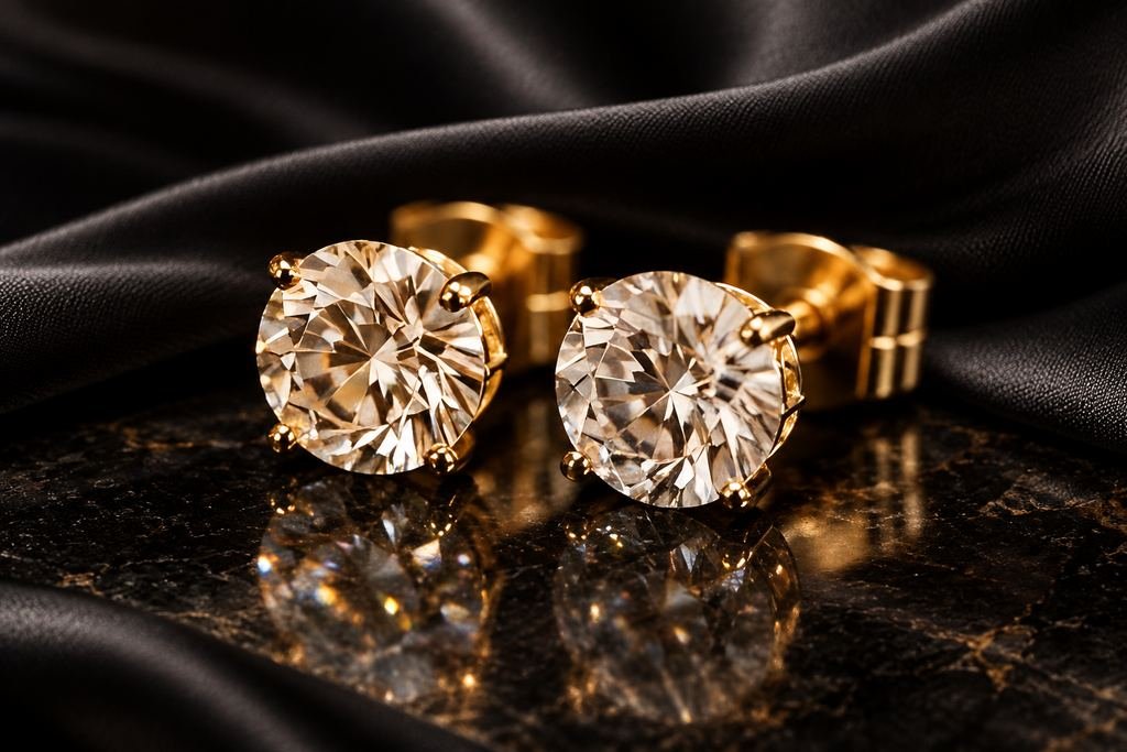 Aretes de diamante. Par de puntos de luz, montura en oro.