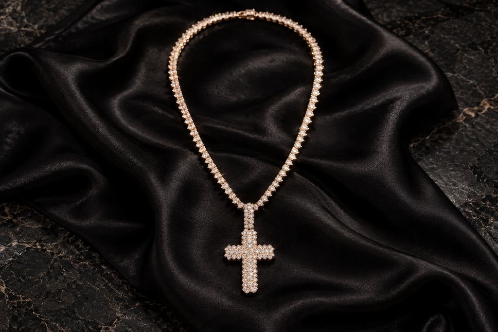 Cruz engastada con cadena. Cruz de piedras, cadena cubana fina.