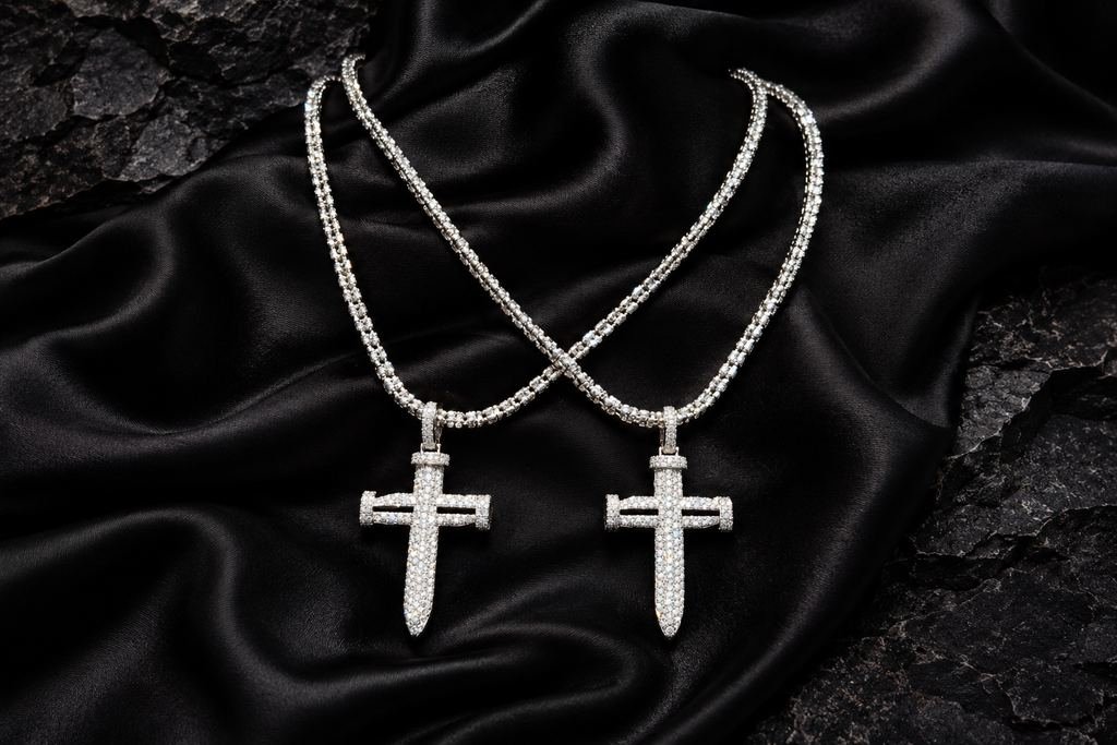Dos cruces engastadas. Cruces de piedras, cadenas finas.