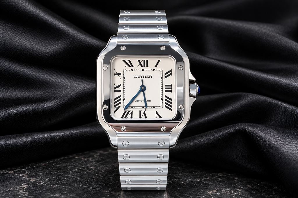 Reloj de acero, esfera blanca. Caja cuadrada, brazalete integrado.