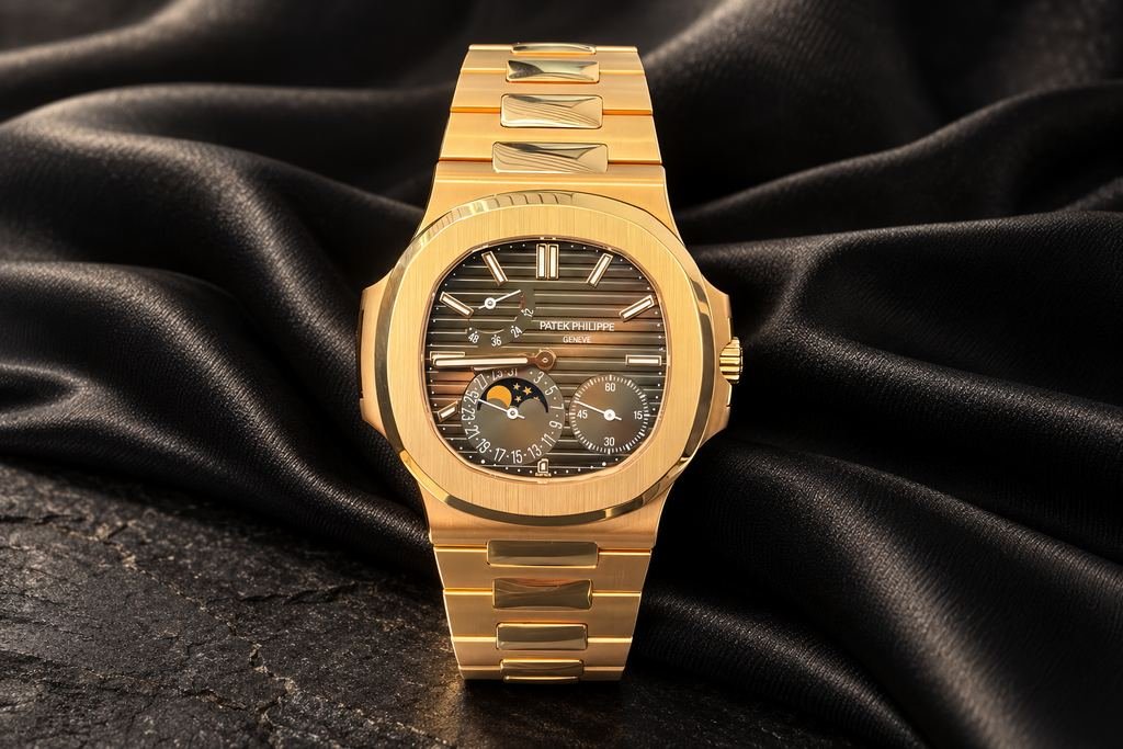 Reloj en oro, esfera marrón. Fases de luna, brazalete integrado.