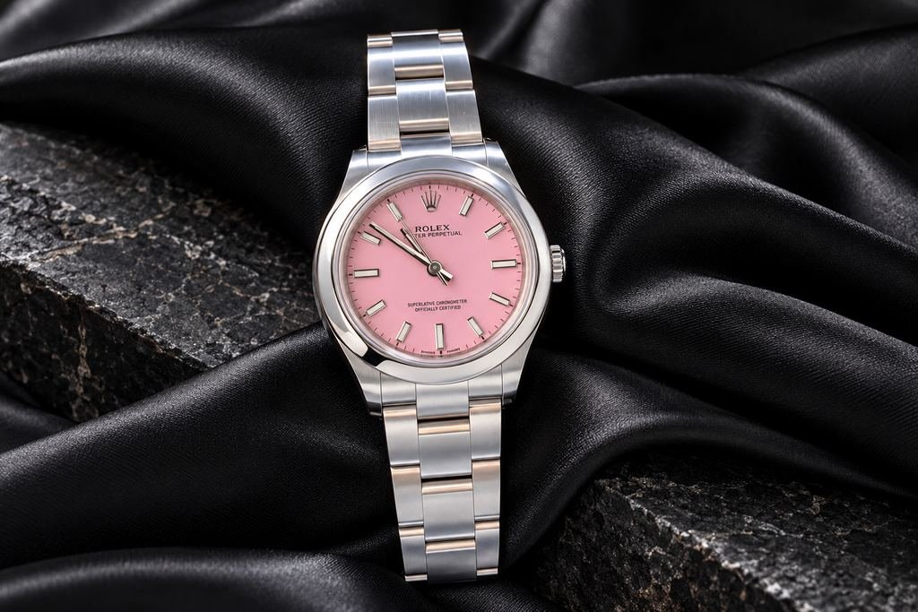 Reloj de acero, esfera rosa. Bisel liso, brazalete de acero.