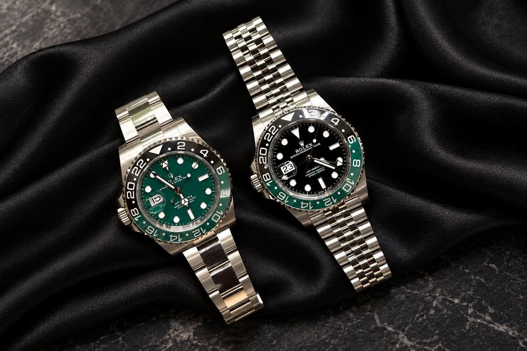 Dos relojes de acero. Esferas verde y negra, biseles a juego.