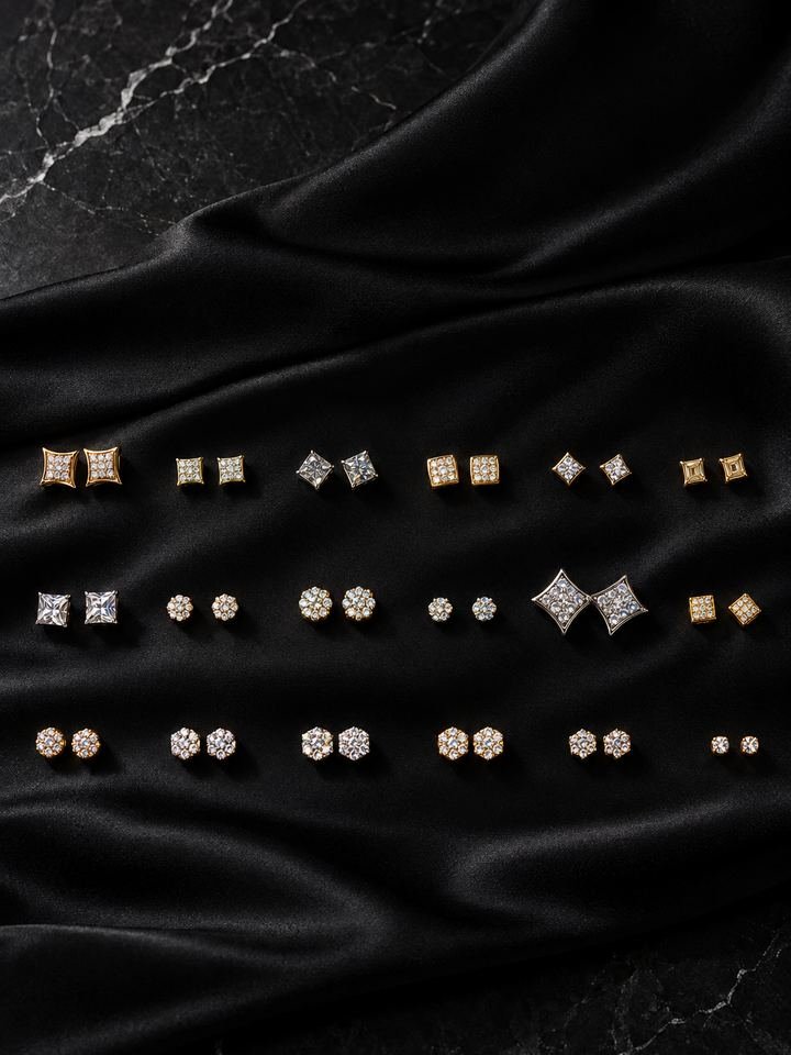 Pares de aretes de oro y piedras claras en tres filas, sobre satén negro.