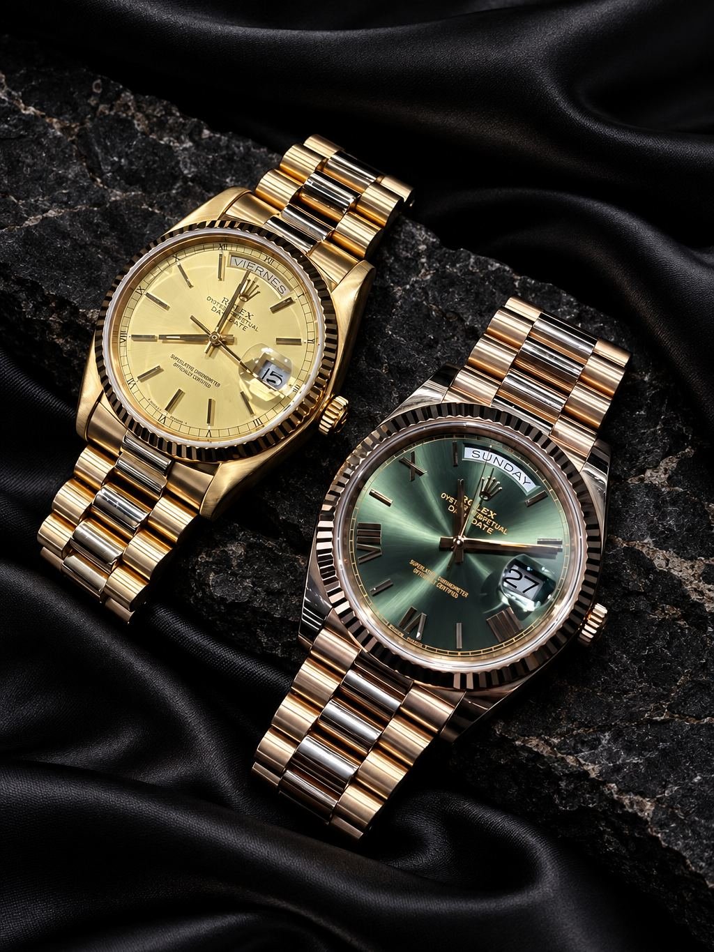 Two gold watches with fluted bezels, one with a gold dial and one with a green dial, on black satin and dark stone.