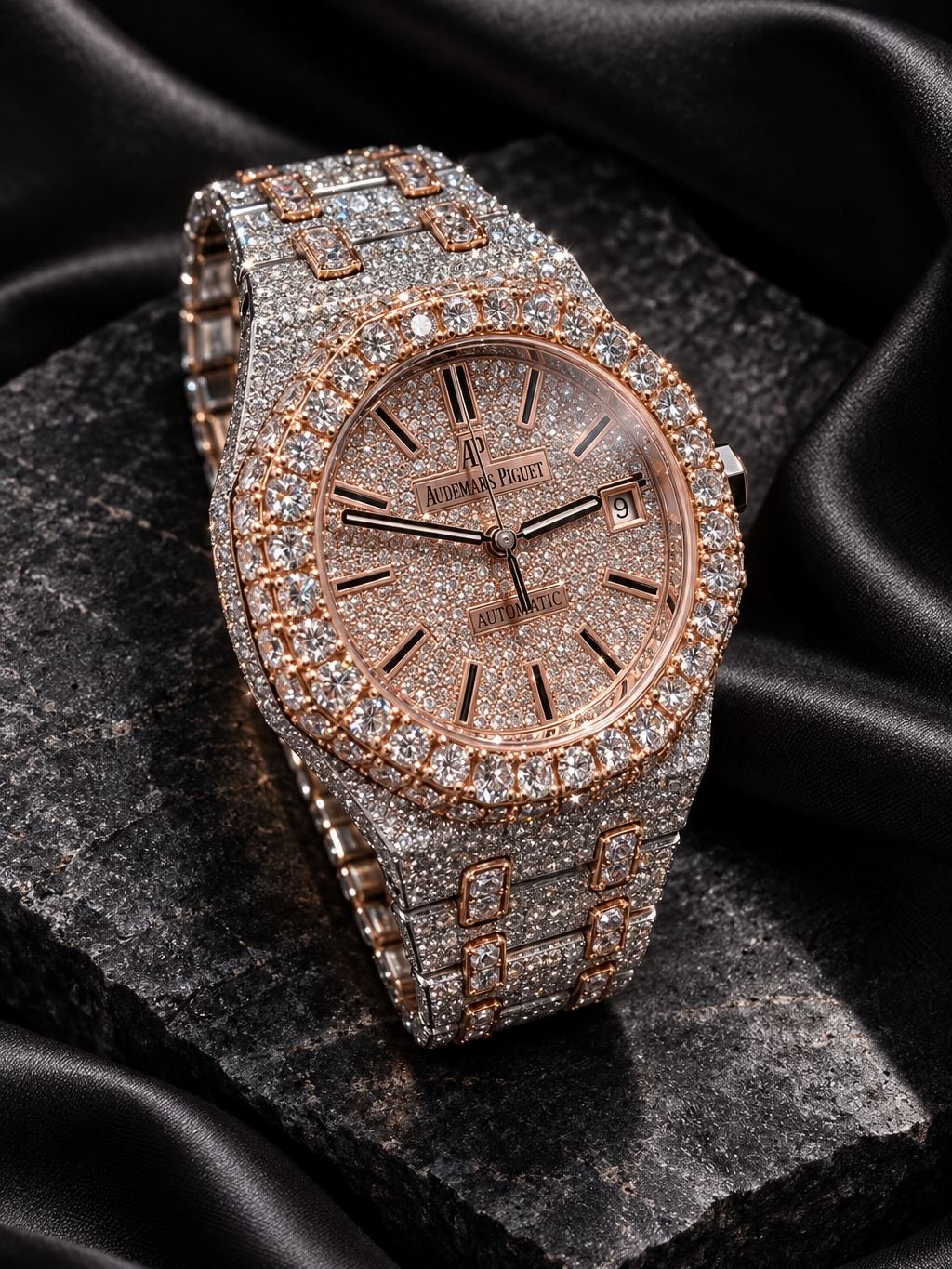 Watch covered in clear stones with an octagonal case and integrated bracelet, on dark stone and black satin.