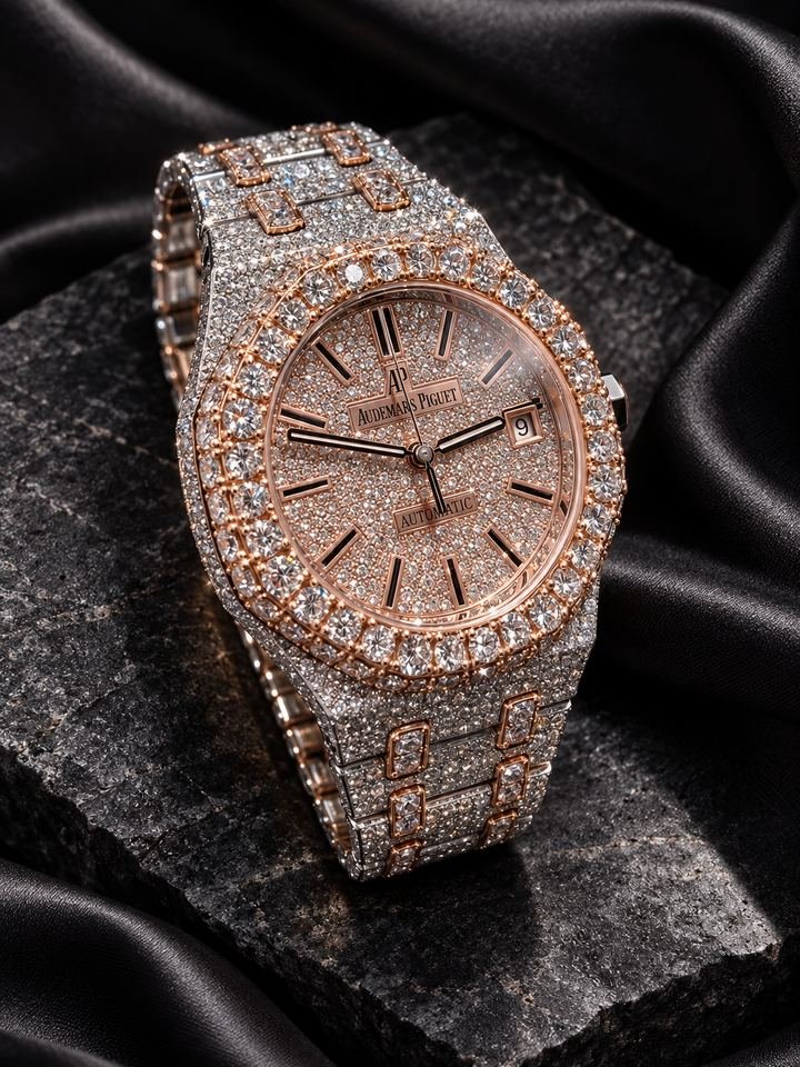 Reloj cubierto de piedras claras con caja octogonal y brazalete integrado, sobre piedra oscura y satén negro.