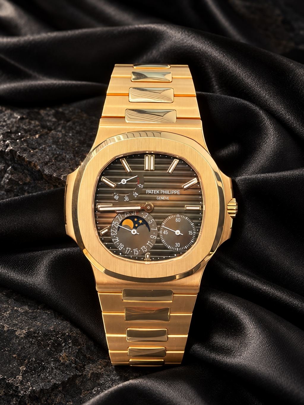 Gold watch with a brown dial and a moon-phase window, on black satin and dark stone.
