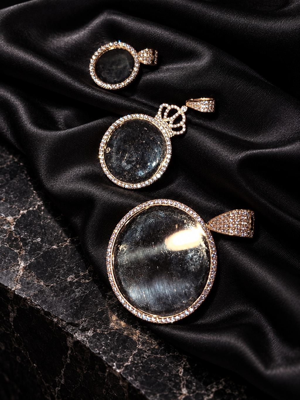 Three pendant frames set with clear stones, smallest to largest, on black satin.
