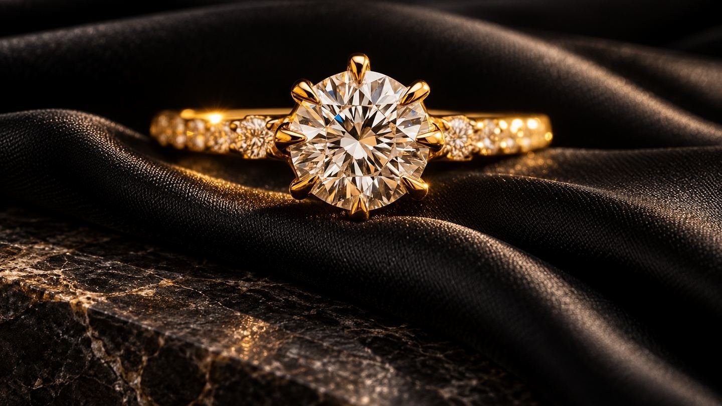 Anillo solitario de oro amarillo con diamante central y hombros de diamantes pequeños, sobre satén negro y piedra oscura.