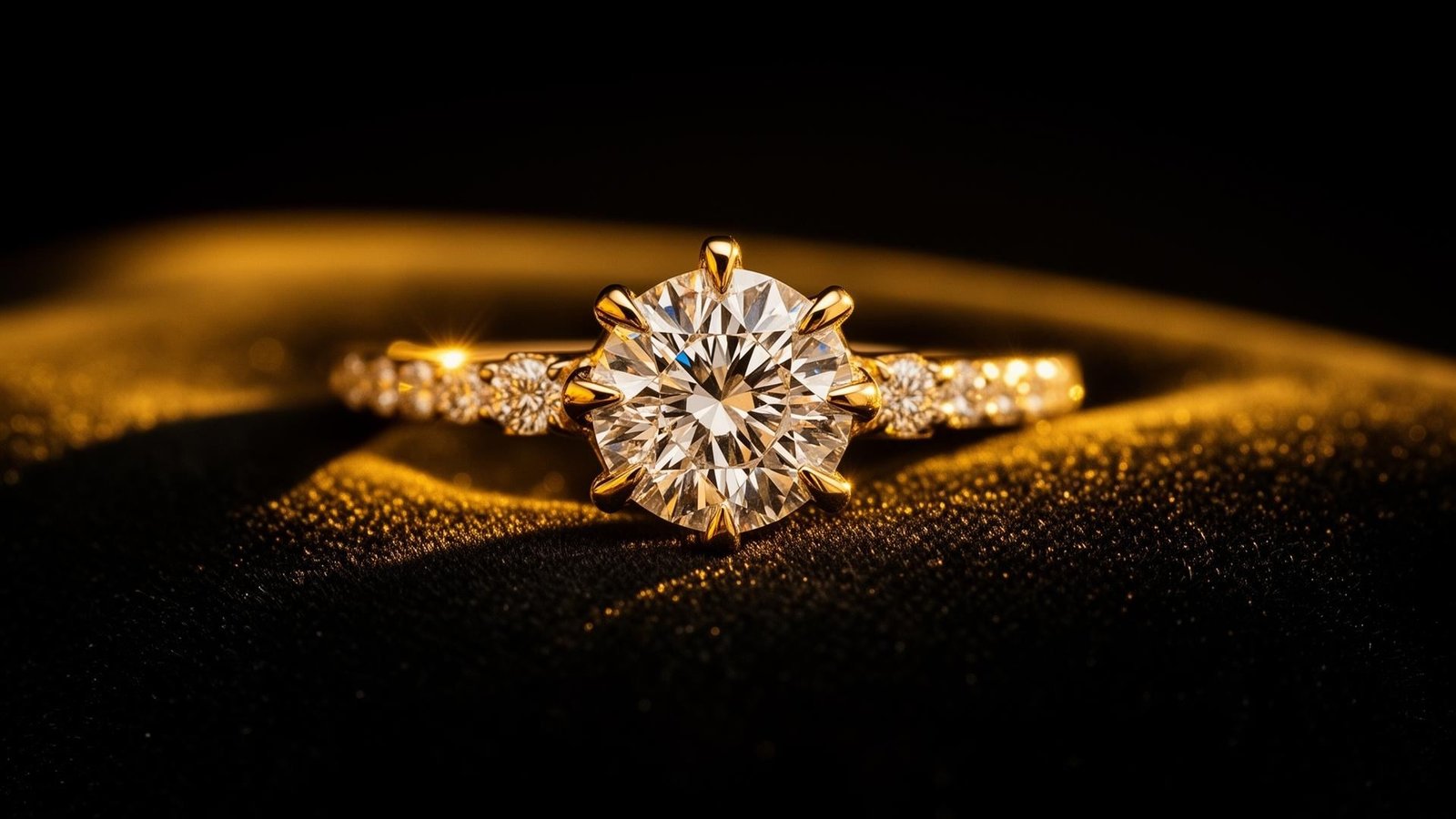 Anillo solitario de oro amarillo con diamante central y hombros de diamantes pequeños, sobre paño oscuro.